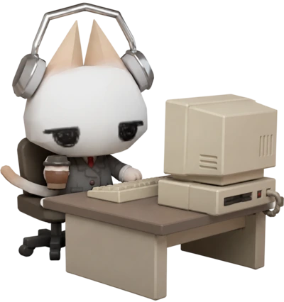 Personaje de Luis con audífonos y una taza de café